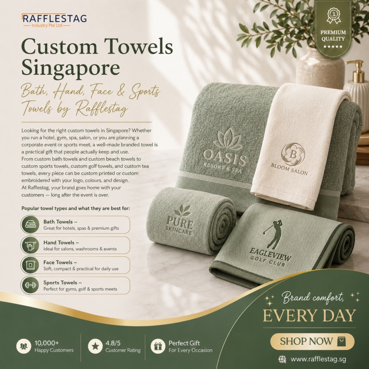 Custom towels Singapore — bath, hand, face and sports towels by Rafflestag